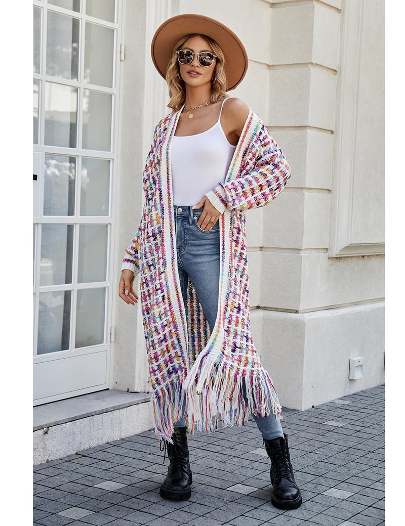 Perbai Womens Boho Cardigan Sweater Open Front Fringed Tassels Aztec Maxi Cardigan Jacket(Rosered-L) - Image 5