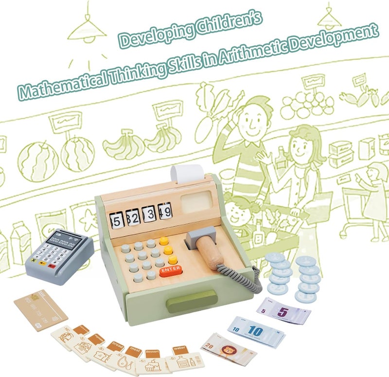 umu Wooden Cash Register Toy for Kids, 35-Piece Supermarket Playset with Calculator, Scanner & Play Money, Eid & Ramadan Gift for Ages 3+ - Image 4