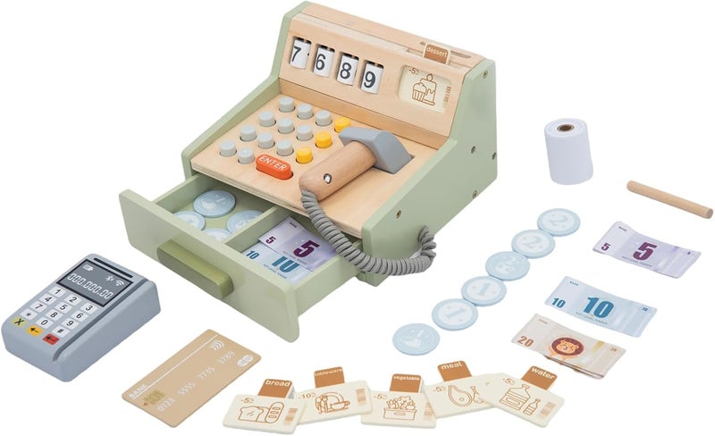 umu Wooden Cash Register Toy for Kids, 35-Piece Supermarket Playset with Calculator, Scanner & Play Money, Eid & Ramadan Gift for Ages 3+ - Image 1