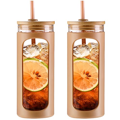 Kodrine 20oz Glass Tumbler with Straw and Lid Bamboo Lids Water Bottle Reusable Iced Coffee Cups Wide Mouth Smoothie Cup with Protective Silicone Sleeve BPA FREEAmber2pack