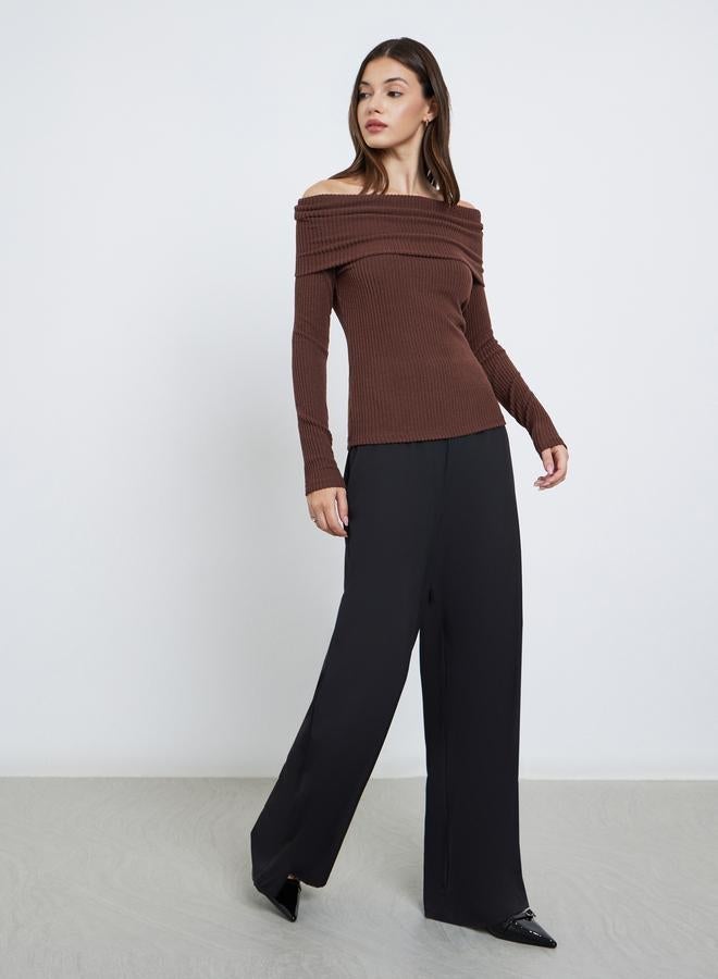 Styli Rust Ribbed Off-Shoulder Knit Top - Image 2