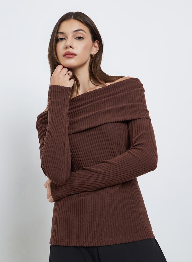 Styli Rust Ribbed Off-Shoulder Knit Top - Image 1