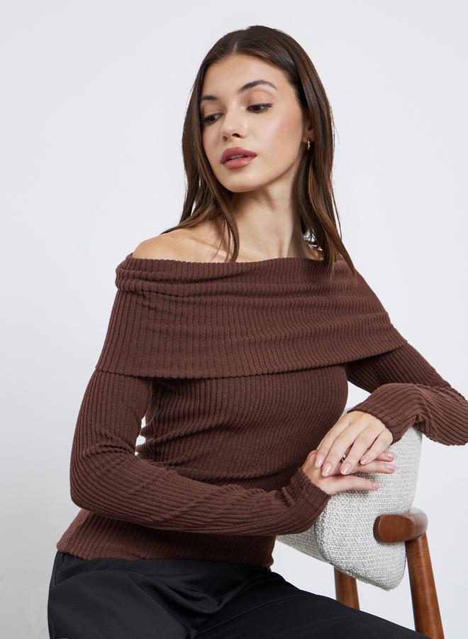 Styli Rust Ribbed Off-Shoulder Knit Top - Image 3