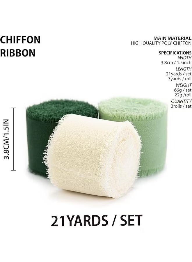 GIFT 3 Rolls Handmade Fringe Chiffon Silk Ribbon 1 1/2 Inch x 7Yd Cream & Green Ribbons Set for Wedding Invitations Bridal Bouquets Gifts Wrapping DIY Crafts(4cm*5m) - Image 2