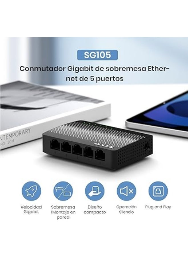 Tenda SG105 5-Port Gigabit Ethernet Switch, 10/100/1000 Mbps, RJ45, IEEE 802.3X, Auto MDI/MDIX, Full Duplex Mode, Plug and Play, Unmanaged, No Configuration, Silent, Black Tenda SG105 - Image 2