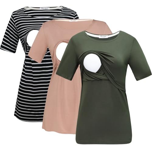 Bearsland Women's 3 Packs Maternity Nursing Tops Short Sleeve Breastfeeding Shirts,blkwitstripegreenbrown,M - Image 1