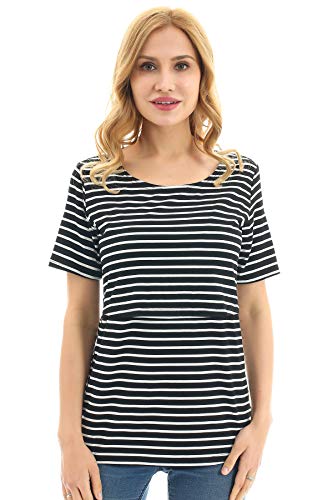 Bearsland Women's 3 Packs Maternity Nursing Tops Short Sleeve Breastfeeding Shirts,blkwitstripegreenbrown,M - Image 4