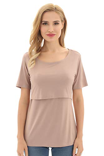 Bearsland Women's 3 Packs Maternity Nursing Tops Short Sleeve Breastfeeding Shirts,blkwitstripegreenbrown,M - Image 3