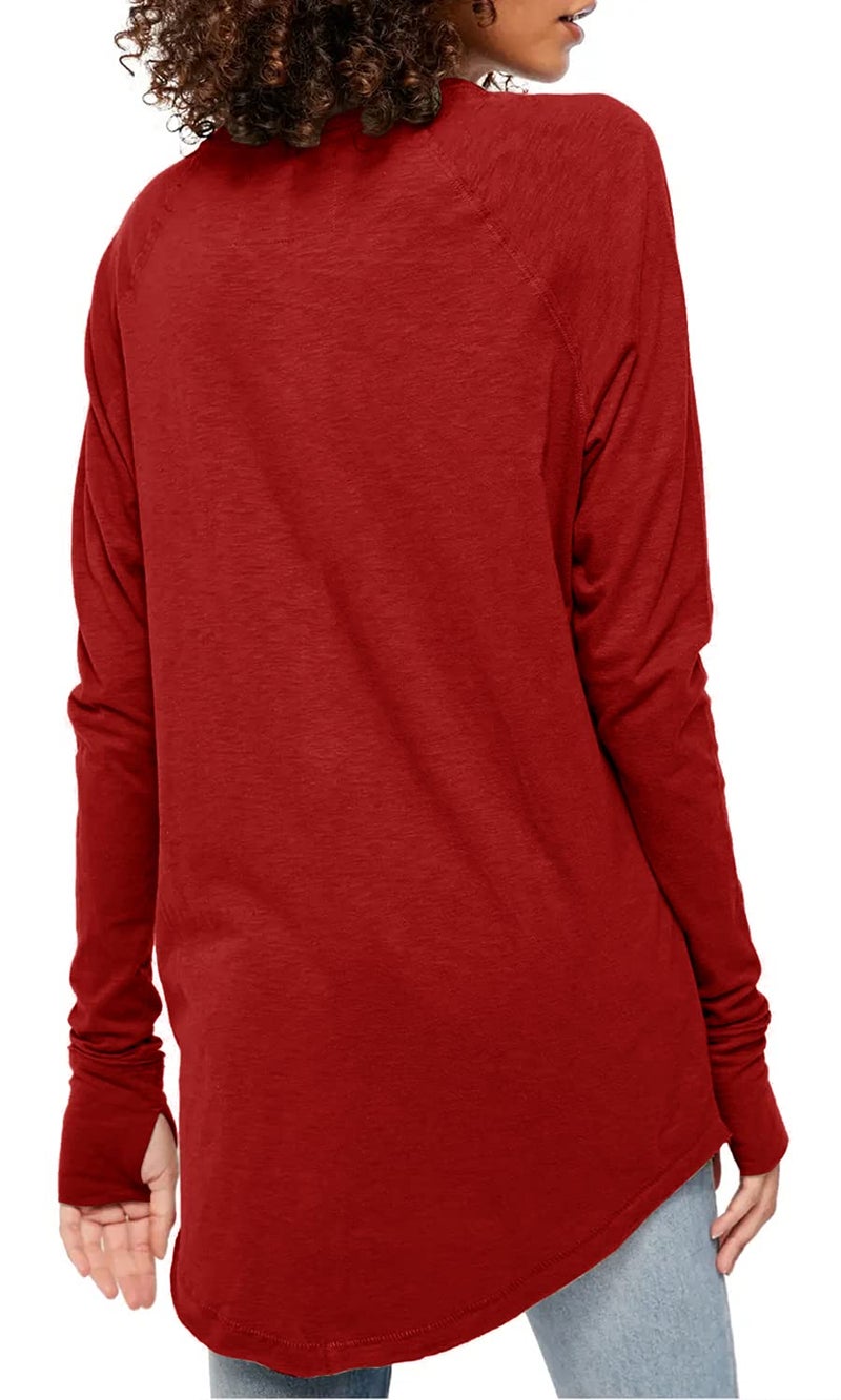 Fisoew Women's Casual Long Sleeve Tops Crew Neck Round Hem Loose T-Shirts Tunic Tops with Thumb Holes Red - Image 2