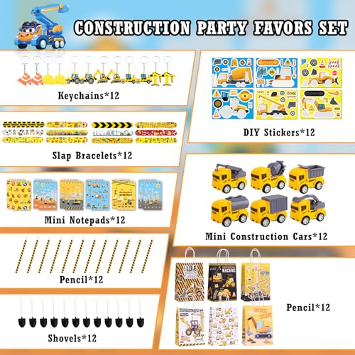 Halema 96pcs Construction Birthday Party Supplies Construction Party Favors For Kids Mini Excavator Truck Keychain Slap Bracelet Sticker Construction Themed Party Favors Bags Available For 12 People - Image 5
