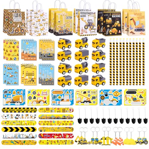 Halema 96pcs Construction Birthday Party Supplies Construction Party Favors For Kids Mini Excavator Truck Keychain Slap Bracelet Sticker Construction Themed Party Favors Bags Available For 12 People - Image 1