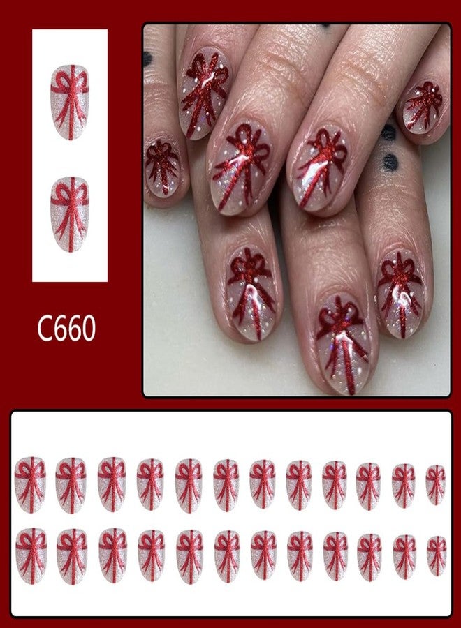 Winter Press on Nails Short Oval Christmas Fake Nails with Design Glitter False Nails Bow-tie Nail Tips Glue on Nails Short Artificial Reusable Stick on Nails Holiday Nails DIY Accessories 24PCS - Image 2