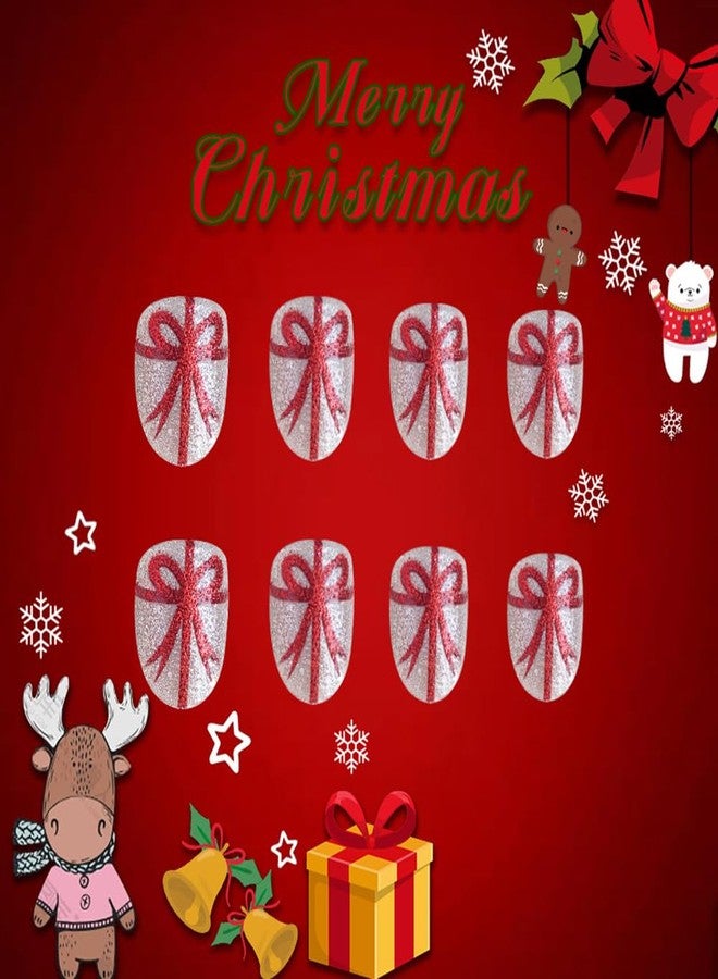 Winter Press on Nails Short Oval Christmas Fake Nails with Design Glitter False Nails Bow-tie Nail Tips Glue on Nails Short Artificial Reusable Stick on Nails Holiday Nails DIY Accessories 24PCS - Image 4