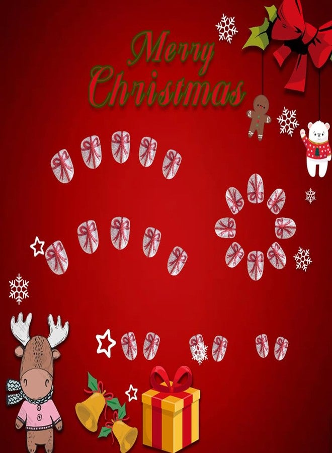 Winter Press on Nails Short Oval Christmas Fake Nails with Design Glitter False Nails Bow-tie Nail Tips Glue on Nails Short Artificial Reusable Stick on Nails Holiday Nails DIY Accessories 24PCS - Image 5