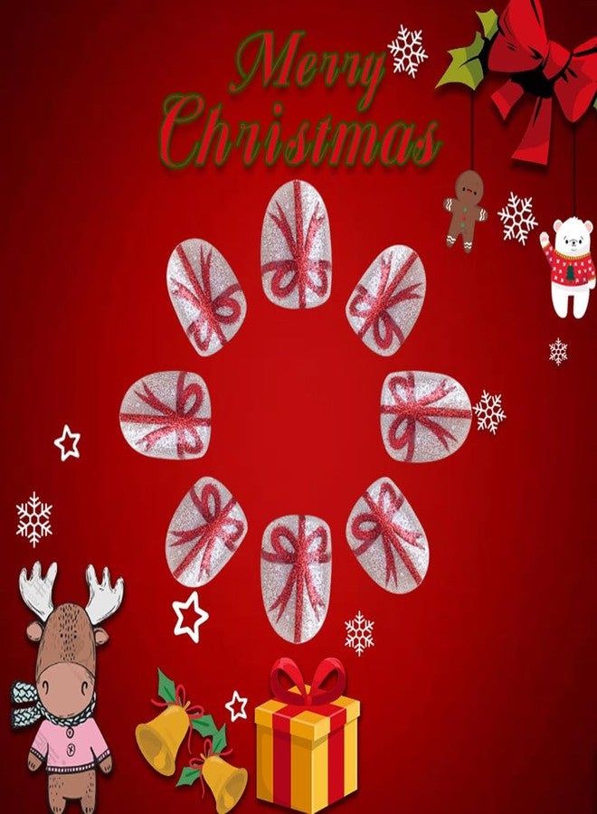 Winter Press on Nails Short Oval Christmas Fake Nails with Design Glitter False Nails Bow-tie Nail Tips Glue on Nails Short Artificial Reusable Stick on Nails Holiday Nails DIY Accessories 24PCS - Image 3