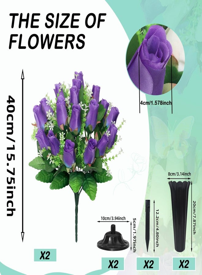 Wocst Cemetery Flowers for Grave,2 Sets Grave Rose Flowers Bouquets with Vases for Cemetery Grave Decorations UV Resistant Non-Fading Easy Fit (Purple) - Image 3