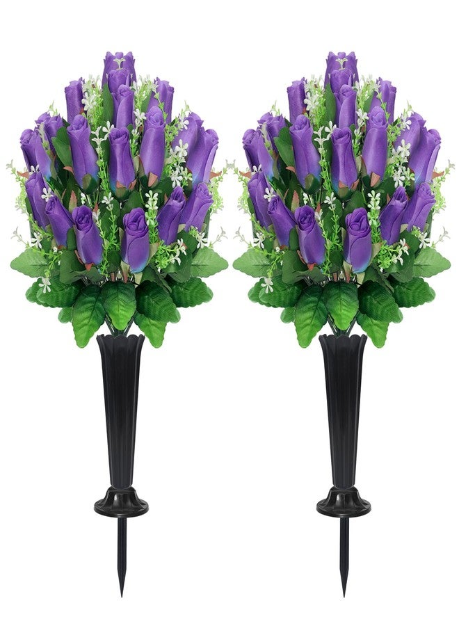 Wocst Cemetery Flowers for Grave,2 Sets Grave Rose Flowers Bouquets with Vases for Cemetery Grave Decorations UV Resistant Non-Fading Easy Fit (Purple) - Image 1