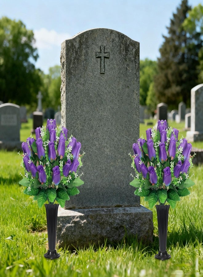 Wocst Cemetery Flowers for Grave,2 Sets Grave Rose Flowers Bouquets with Vases for Cemetery Grave Decorations UV Resistant Non-Fading Easy Fit (Purple) - Image 2