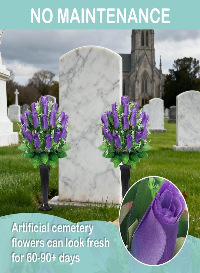 Wocst Cemetery Flowers for Grave,2 Sets Grave Rose Flowers Bouquets with Vases for Cemetery Grave Decorations UV Resistant Non-Fading Easy Fit (Purple) - Image 4