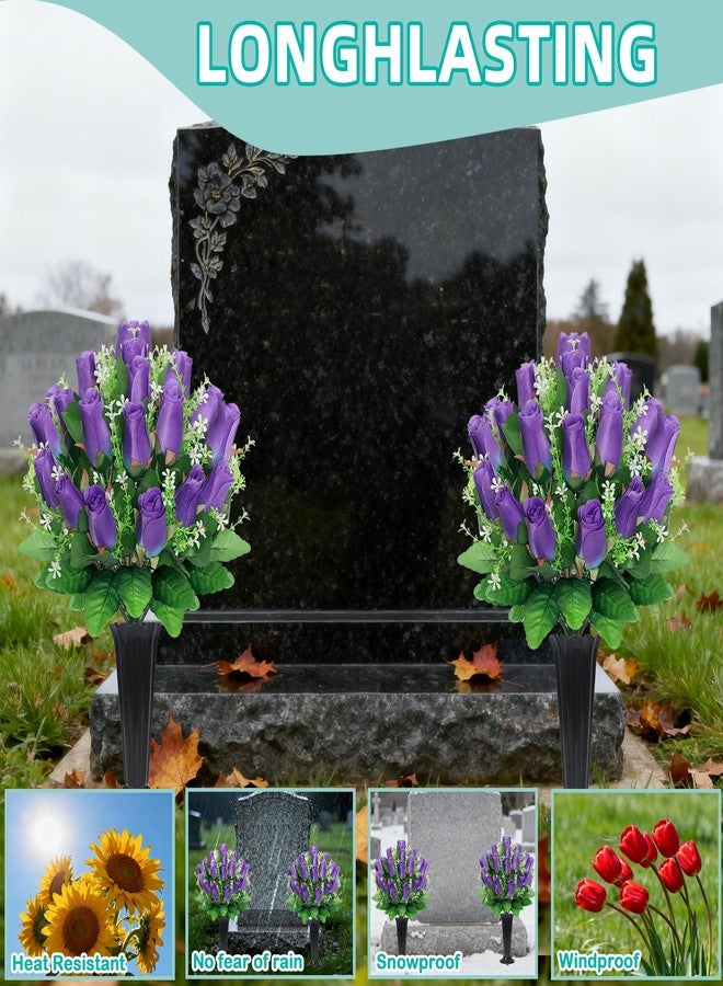 Wocst Cemetery Flowers for Grave,2 Sets Grave Rose Flowers Bouquets with Vases for Cemetery Grave Decorations UV Resistant Non-Fading Easy Fit (Purple) - Image 5