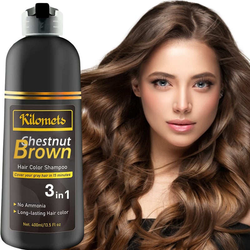 KILOMETS CHESTNUT BROWN Hair Dye Shampoo 3 IN 1 Hair Color Shampoo Grey Coverage in Minutes Ammonia Free Instant Coloring Gift for Mom Dad