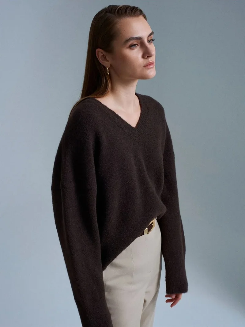 ديلفين Dilvin Women's V-neck Ribbed Knit Sweater
