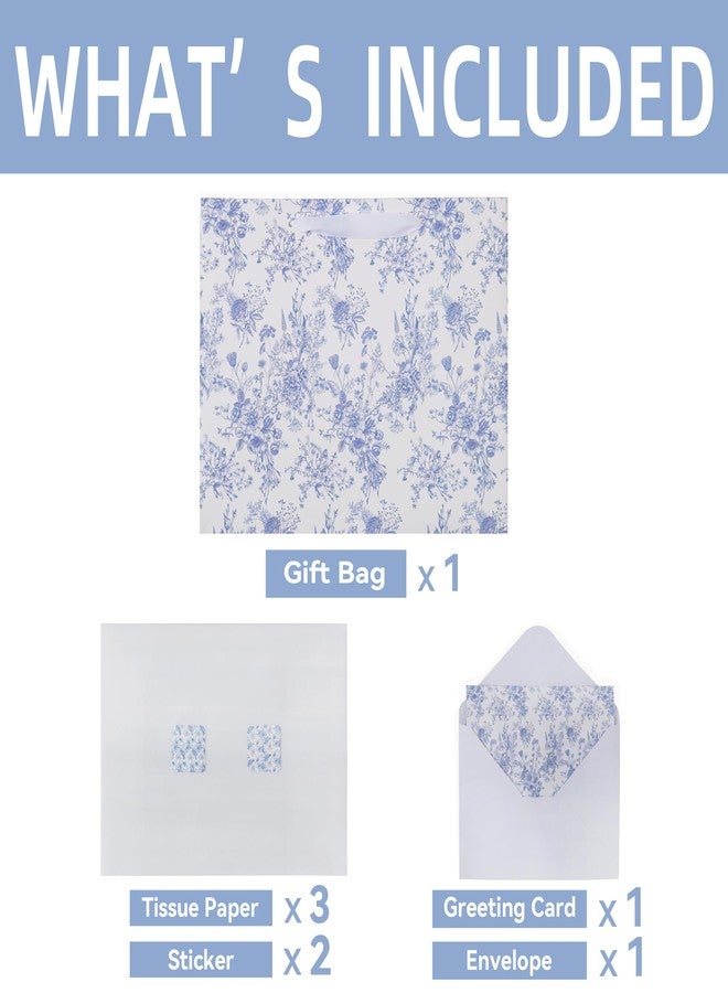 Qirrmiy 13'' Large Blue Floral Gift Bag Set with Handles, Greeting Card, White Tissue Papers and Stickers for Women Girls for Birthdays, Valentine's Day, Weddings, Anniversaries, Mother's Day, Flowers Design, 1 Pcs - Image 3
