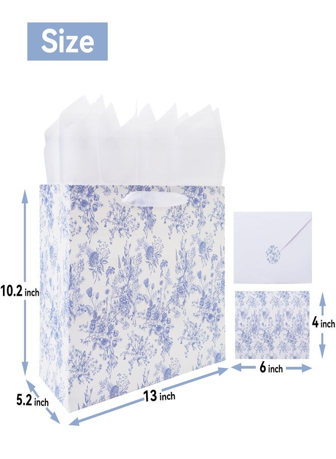Qirrmiy 13'' Large Blue Floral Gift Bag Set with Handles, Greeting Card, White Tissue Papers and Stickers for Women Girls for Birthdays, Valentine's Day, Weddings, Anniversaries, Mother's Day, Flowers Design, 1 Pcs - Image 2