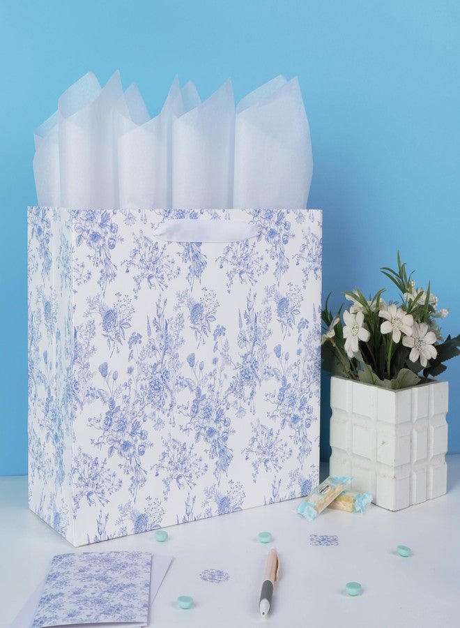 Qirrmiy 13'' Large Blue Floral Gift Bag Set with Handles, Greeting Card, White Tissue Papers and Stickers for Women Girls for Birthdays, Valentine's Day, Weddings, Anniversaries, Mother's Day, Flowers Design, 1 Pcs - Image 5