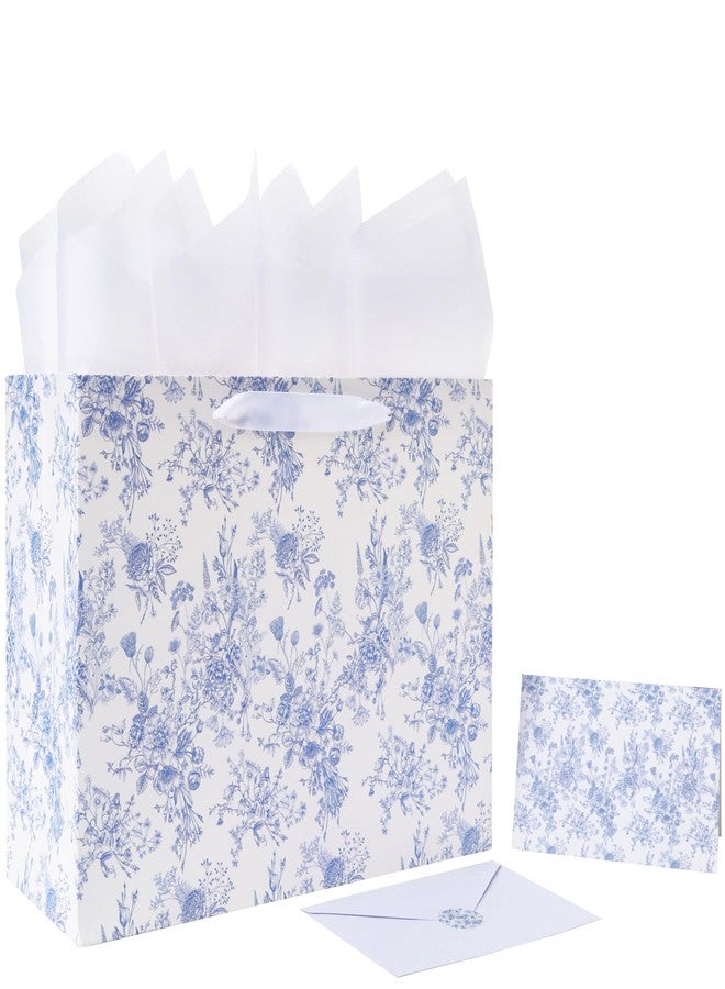 Qirrmiy 13'' Large Blue Floral Gift Bag Set with Handles, Greeting Card, White Tissue Papers and Stickers for Women Girls for Birthdays, Valentine's Day, Weddings, Anniversaries, Mother's Day, Flowers Design, 1 Pcs - Image 1