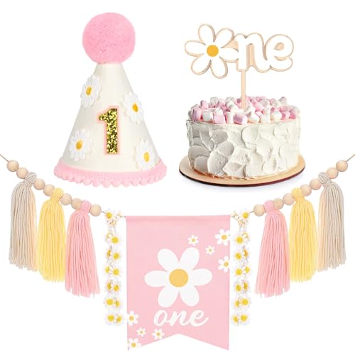 Sanixin Daisy 1st Birthday Decorations Highchair Pink Floral High Chair Banner Boho Flower One Wooden Cake Topper for Pastel Flowers First Birthday Party Decorations Daisy - Image 1