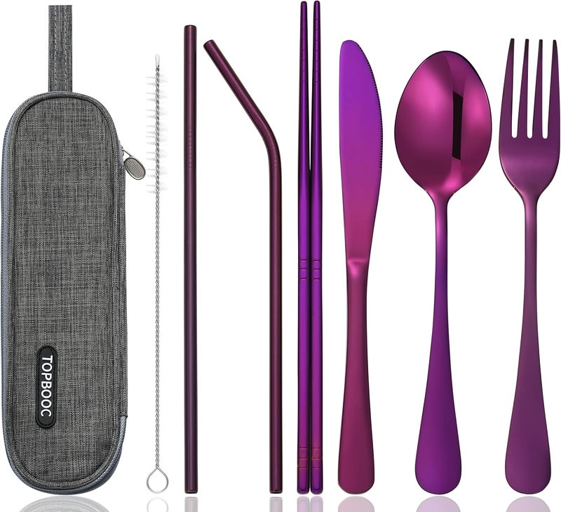 Topbooc 8-Piece Portable Stainless Steel Flatware Set, Travel Camping Cutlery Set with Purple Waterproof Case - Image 1