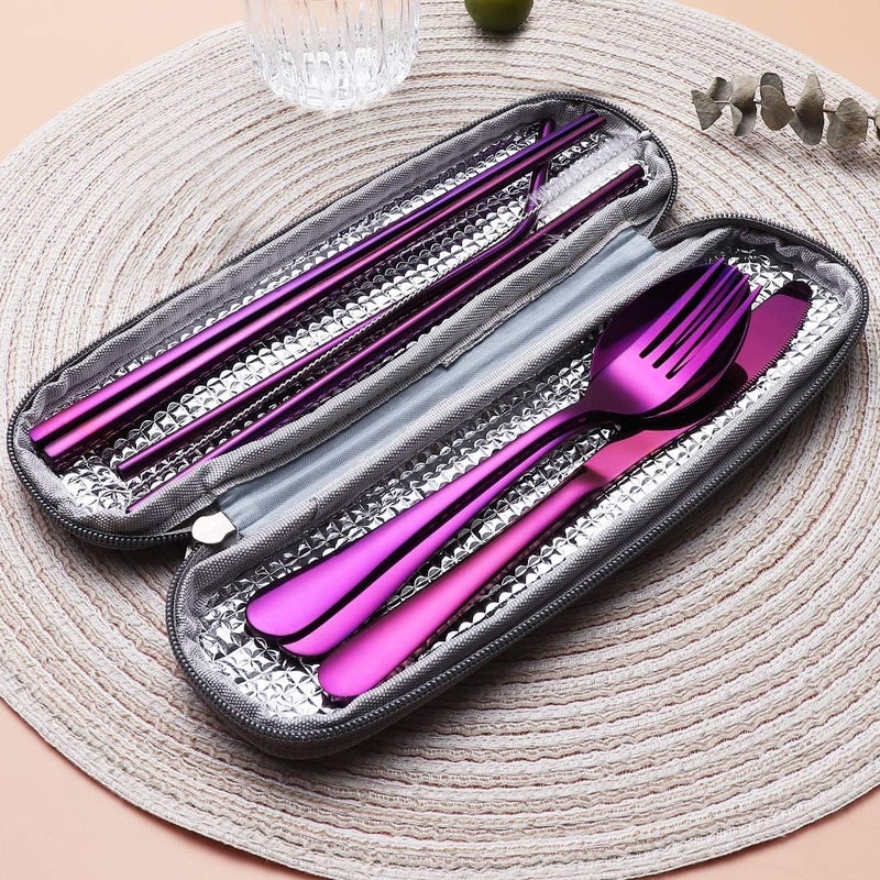 Topbooc 8-Piece Portable Stainless Steel Flatware Set, Travel Camping Cutlery Set with Purple Waterproof Case - Image 5