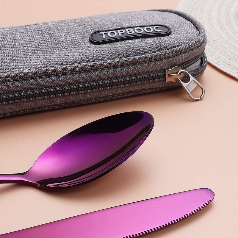 Topbooc 8-Piece Portable Stainless Steel Flatware Set, Travel Camping Cutlery Set with Purple Waterproof Case - Image 4
