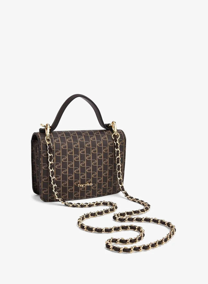 Paprika BROWN Monogram Print Satchel Bag With Button Closure for Women | Best Price UAE