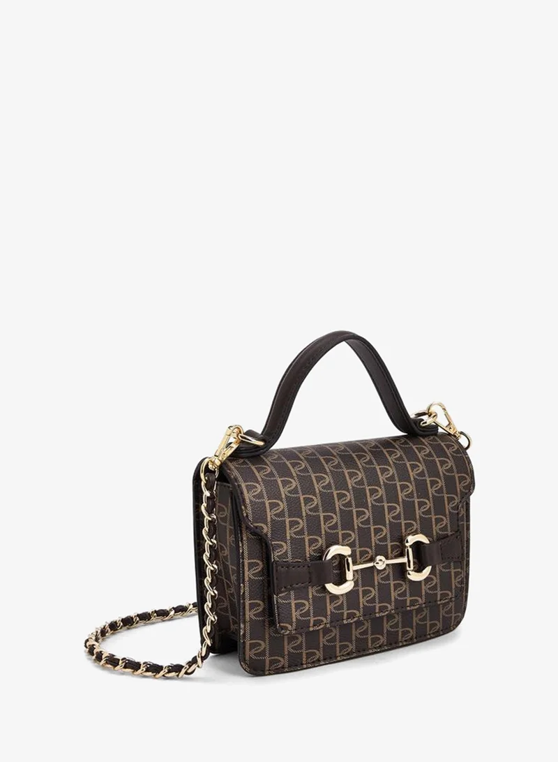 Paprika BROWN Monogram Print Satchel Bag With Button Closure for Women | Best Price UAE