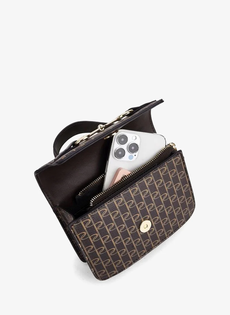 Paprika BROWN Monogram Print Satchel Bag With Button Closure for Women | Best Price UAE
