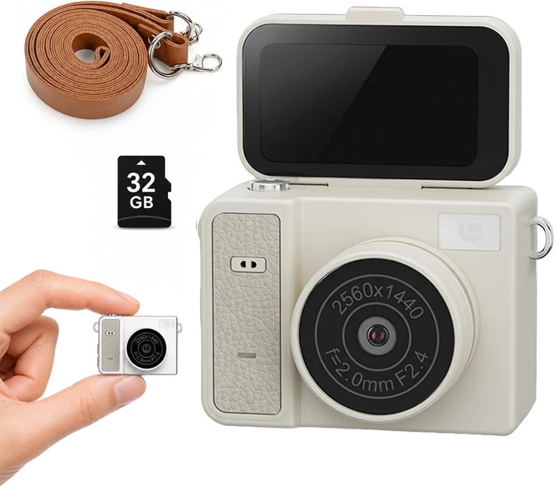2K QHD Mini Keychain Digital Camera, Portable Tiny Keychain Camera for kids with Flip Screen, Pocket-Size Video Recorder with with 32GB Card for Travel, Party and Vlog (Khaki gray) - Image 1