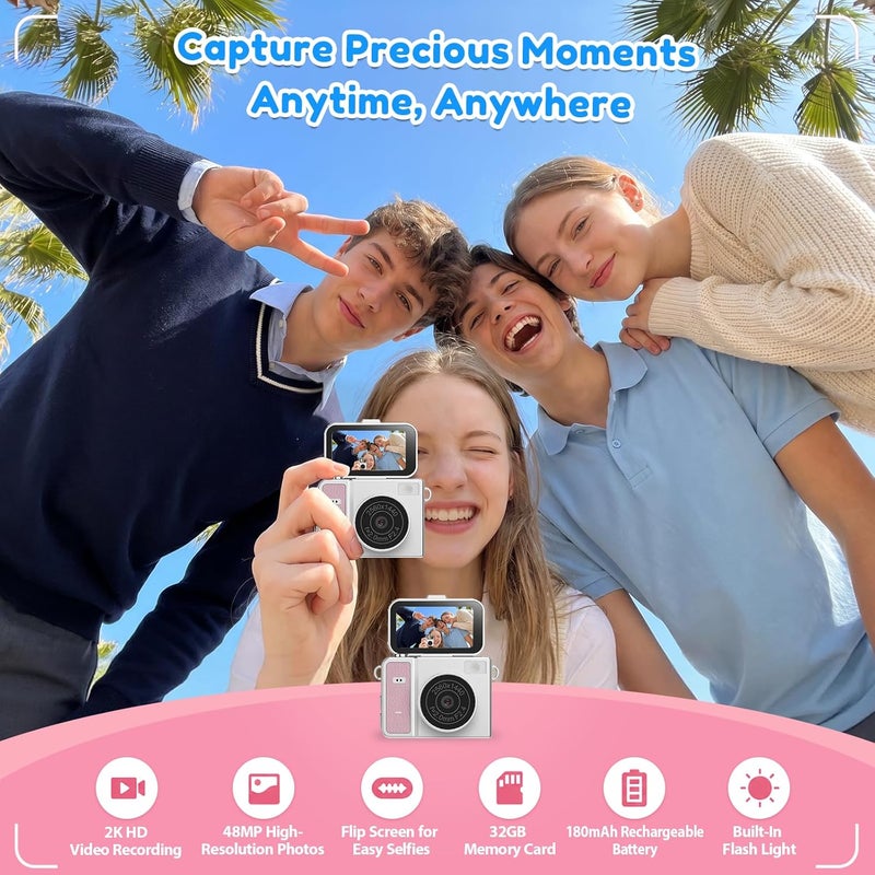 2K QHD Mini Keychain Digital Camera, Portable Tiny Keychain Camera for kids with Flip Screen, Pocket-Size Video Recorder with with 32GB Card for Travel, Party and Vlog (Khaki gray) - Image 2