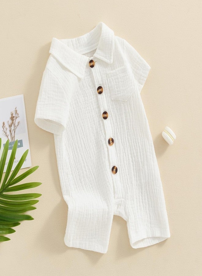Honganda Summer Baby Boy Cotton Linen Jumpsuit Short Sleeve Button Down Playsuit Romper One Piece Outfit 0-24M (White, 0-3 Months) - Image 2