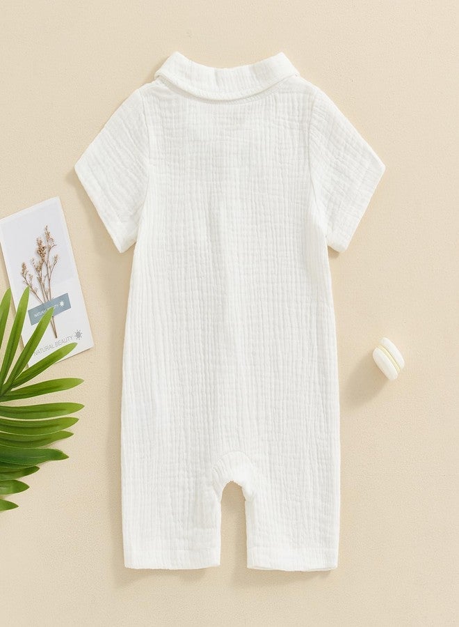 Honganda Summer Baby Boy Cotton Linen Jumpsuit Short Sleeve Button Down Playsuit Romper One Piece Outfit 0-24M (White, 0-3 Months) - Image 3