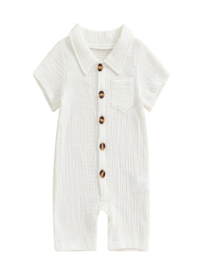Honganda Summer Baby Boy Cotton Linen Jumpsuit Short Sleeve Button Down Playsuit Romper One Piece Outfit 0-24M (White, 0-3 Months) - Image 1