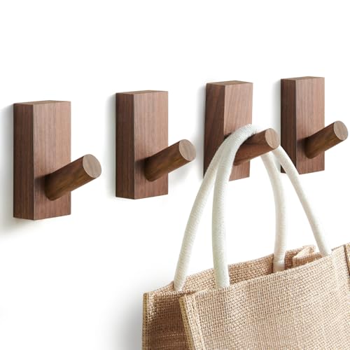 Felidio Natural Wooden Wall Hooks Adhesive Screw Mount Coat and Towel Hooks Decorative Key Holder Hat Rack Stocking Wall Hangers for Bathroom Entryway Closet 4 Pack Walnut Wood - Image 1