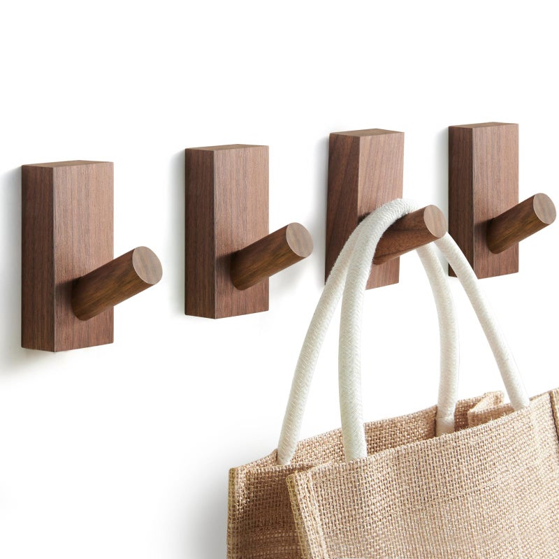 Felidio Natural Wooden Wall Hooks Adhesive Screw Mount Coat and Towel Hooks Decorative Key Holder Hat Rack Stocking Wall Hangers for Bathroom Entryway Closet 4 Pack Walnut Wood - Image 2
