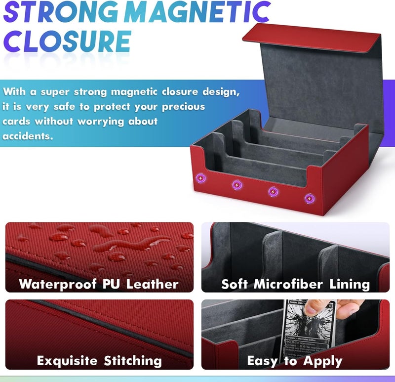 UAONO Card Storage Box for Trading Cards, Premium Card Deck Case Holds 1800+ Single Sleeved Cards for MTG Yugioh TCG, Strong Magnet Card Box Fits Magic Game Cards (Red) - Image 4
