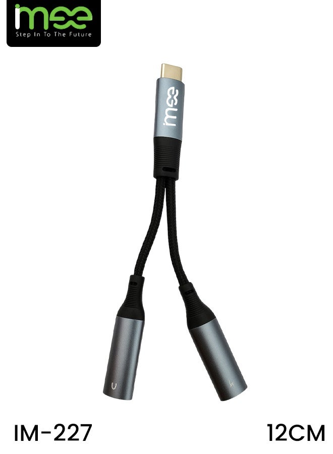 آیمی محول صوت 2 في 1 من IMEE Plus IM-227 Type-C إلى Dual Type-C (12 سم) كابل مضفر من سبائك الألومنيوم وموزع صوت عالي الدقة وشحن سريع متوافق مع الهواتف والأجهزة اللوحية وأجهزة الكمبيوتر المحمولة وأجهزة USB-C - Image 1