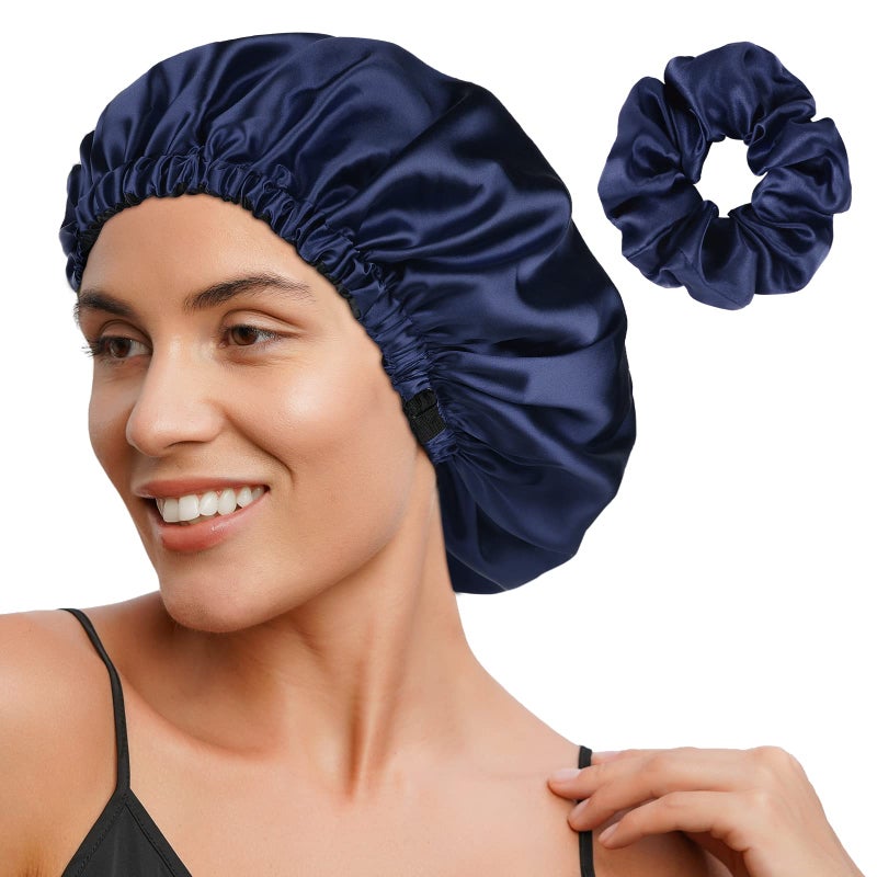 YANIBEST Adjustable Silk Bonnet Double Layer Satin Bonnet Hair Bonnet for Sleeping Bonnets for Women Hats Curly Natural Hair, Navy Blue - Image 1