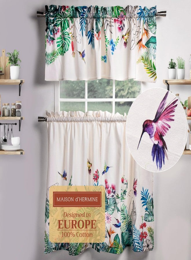 ميزون دي هيرمين طقم ستائر مطبخ من Maison d'Hermine للنوافذ، مصنوع من القطن بنسبة 100%، يتضمن ستائر مطبخ وستائر علوية للمنزل [طبقتان (28 × 36 بوصة) وستارة علوية واحدة (56 × 18 بوصة)]، بنمط ريفي أو مقهى (تروبيك). - Image 1