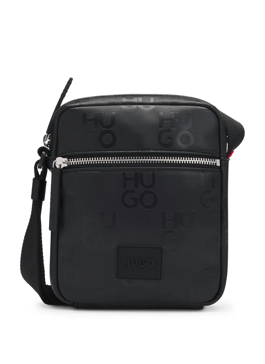 هوجو Faux-leather reporter bag with stacked-logo pattern