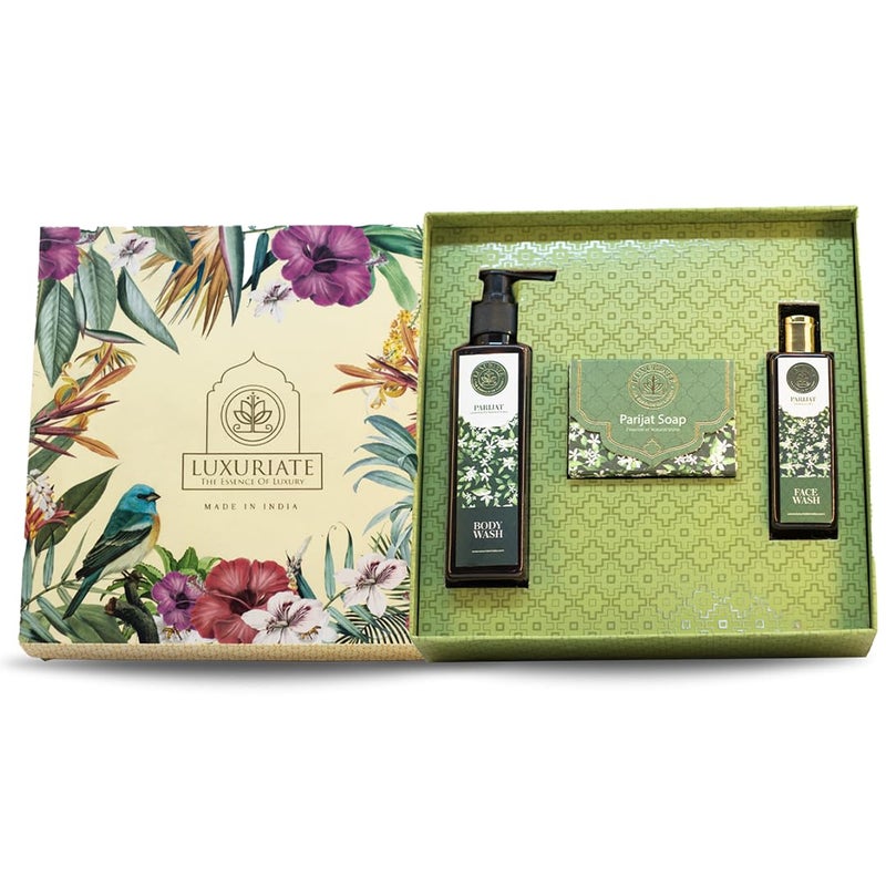 LUXURIATE Parijat Body Care Gift Set Box 3PC - Soap, Body Wash, Face Wash Gift for Sister | Gift for Diwali | Gift for Wedding | Gift for Women - Image 1